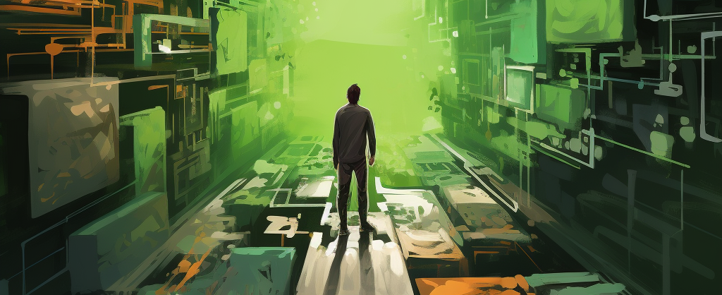 AI generated colorful artwork of a displaying a person standing in abstract containers looking towards a neon green center light