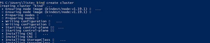 Dark blue PowerShell prompt with the command 'kind create cluster' typed out